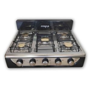 Estufa de Mesa TITAN de Gas | 5 hornillas | Con respaldo | Base de Acero Inoxidable